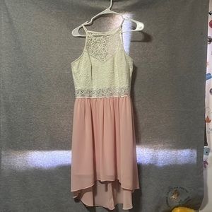 baby pink and white dress, the back is longer. zip up